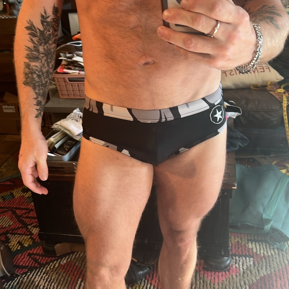 Sexy men’s black and grey military theme speedo
